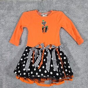 Rare Editions Girls 2T Halloween Black Cat Polka Dot Dress Orange Black F234838